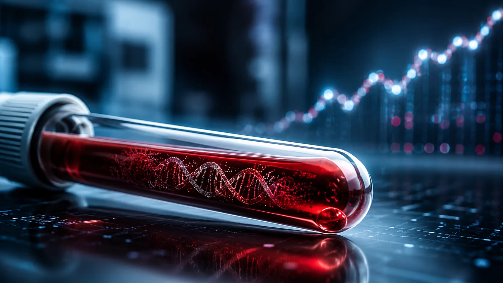 Blood sample with DNA visualization representing Freenome cancer screening technology and cancer detection testing.
