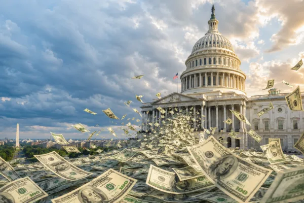 U.S. dollar bills flying outside the Capitol as America’s national debt surpasses $40 trillion