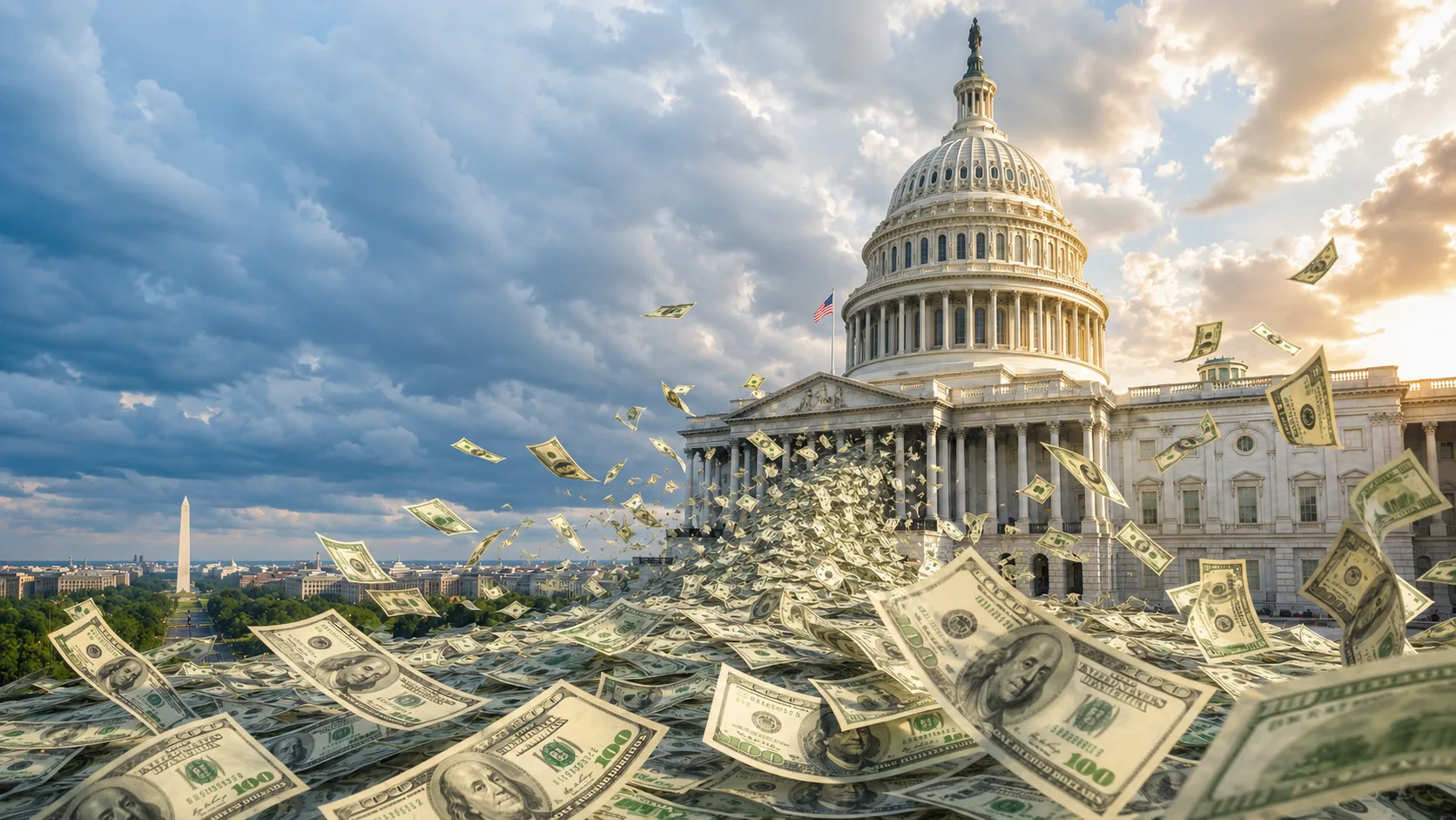 U.S. dollar bills flying outside the Capitol as America’s national debt surpasses $40 trillion