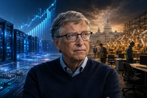 Bill Gates stands between AI data centers and an automated workplace, illustrating his warning about AI’s impact on jobs and investors.