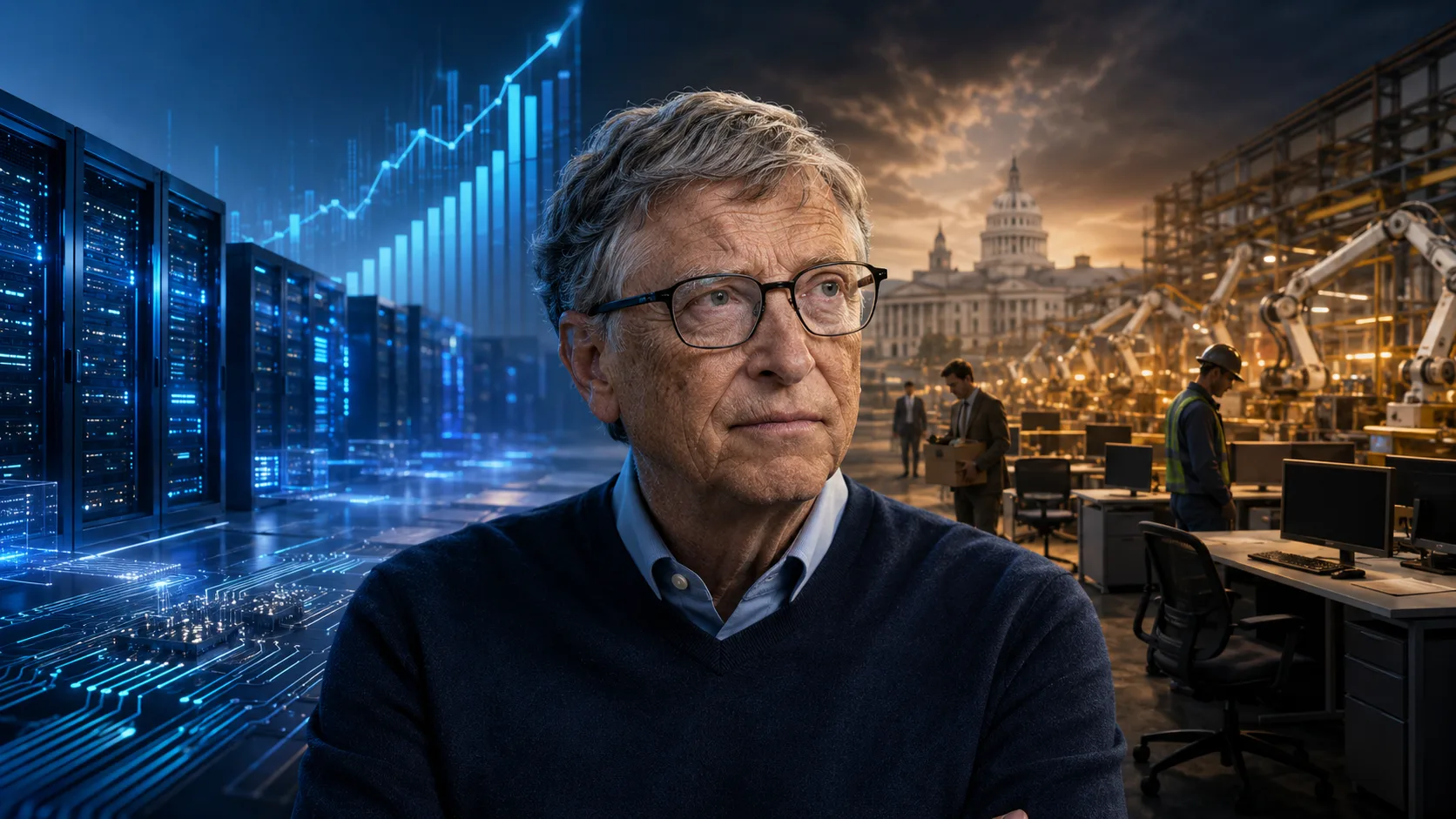 Bill Gates stands between AI data centers and an automated workplace, illustrating his warning about AI’s impact on jobs and investors.
