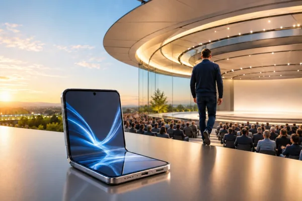 John Ternus approaches an Apple launch stage beside a foldable iPhone ahead of the company’s Sept. 9 event.