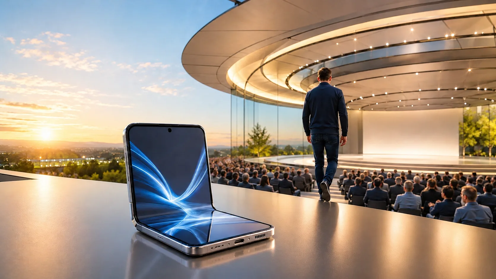 John Ternus approaches an Apple launch stage beside a foldable iPhone ahead of the company’s Sept. 9 event.