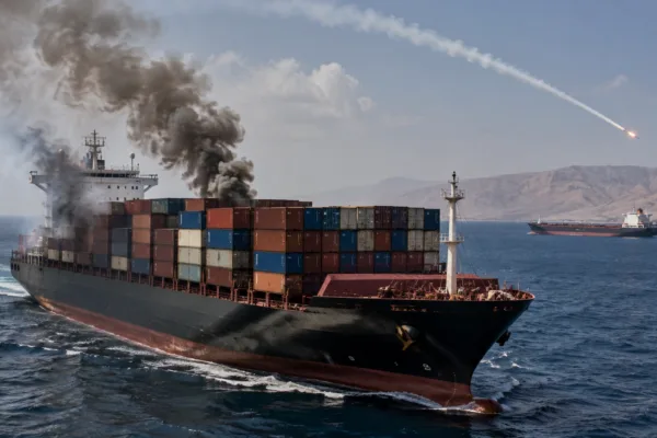 Container ship under attack in the Red Sea as Houthi strikes escalate threats to global shipping routes.