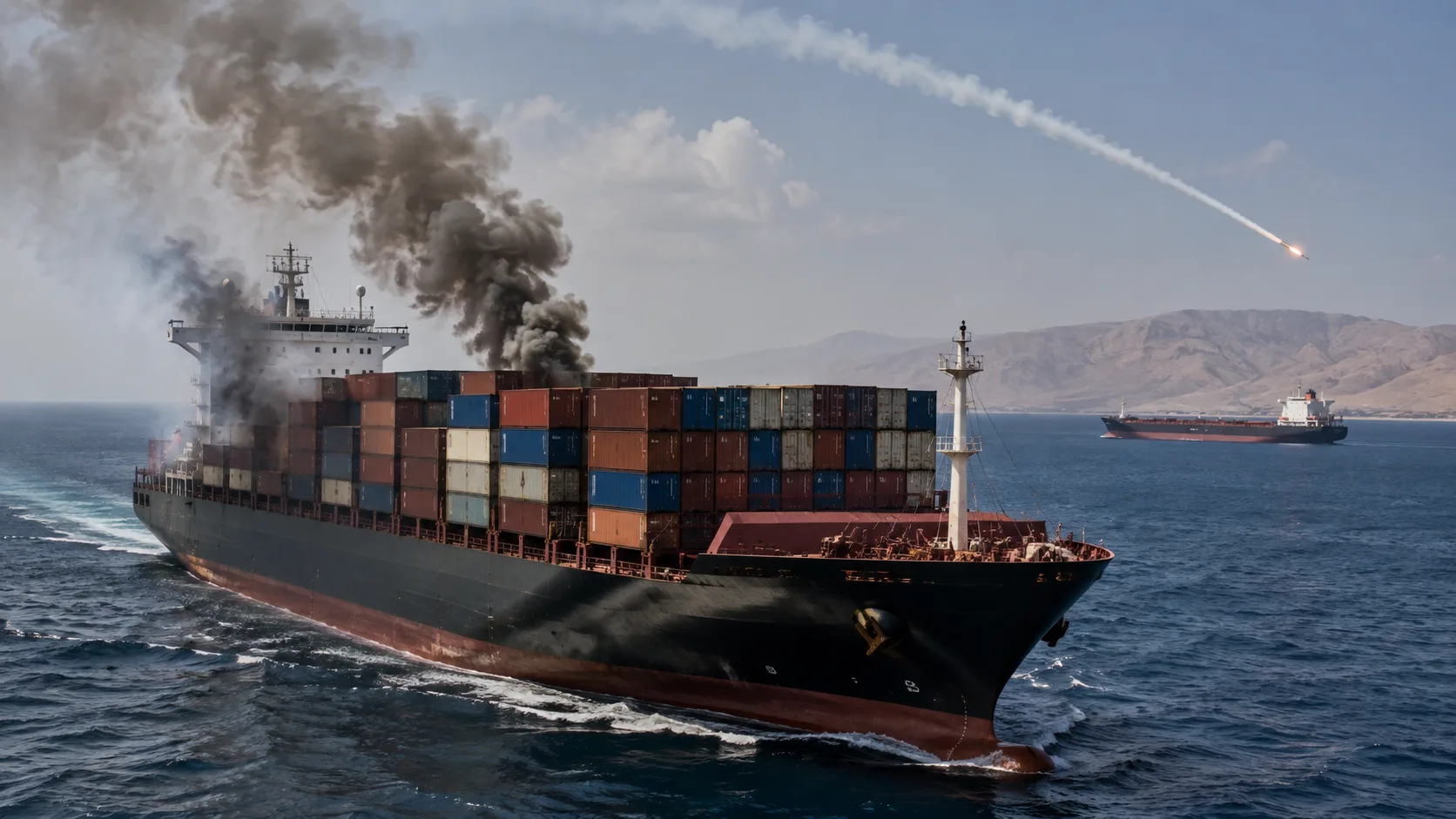 Container ship under attack in the Red Sea as Houthi strikes escalate threats to global shipping routes.