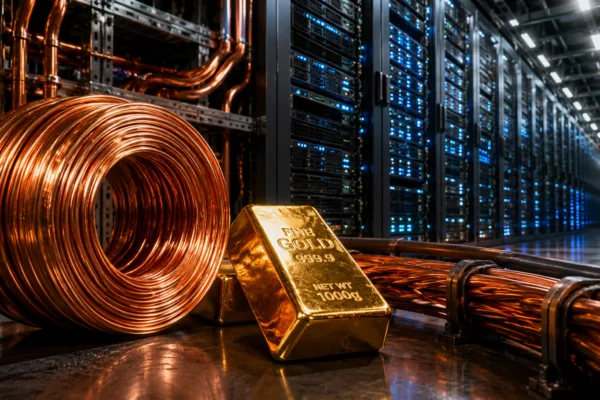 Copper wire and gold bars in an AI data center as copper prices surge on rising demand