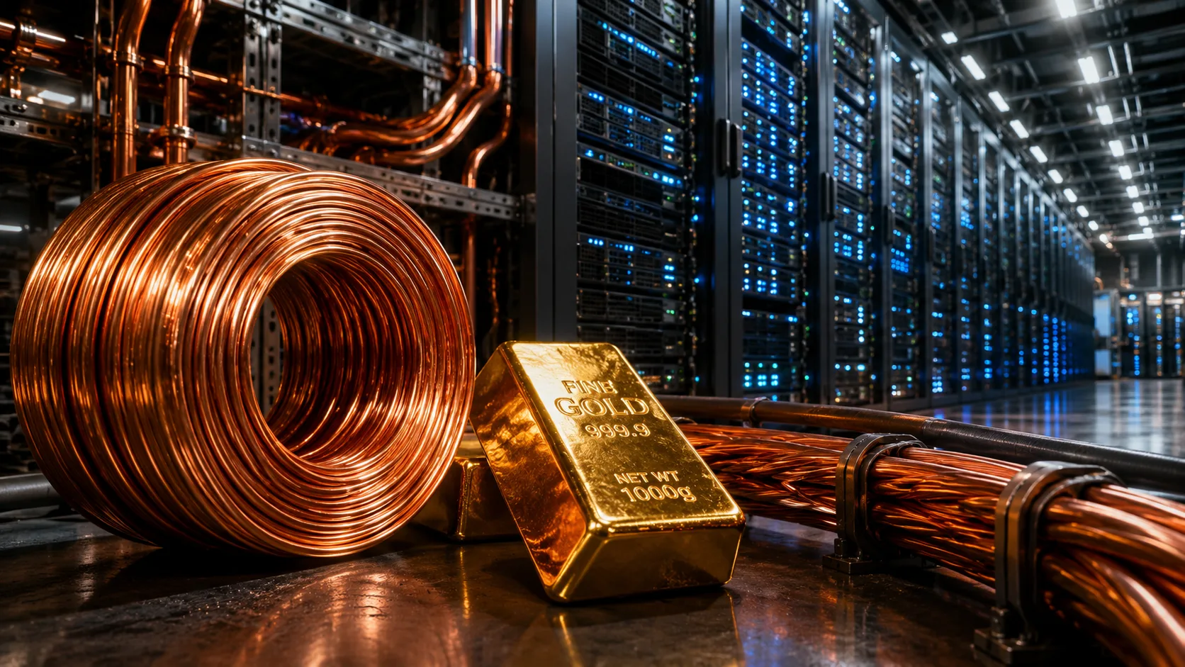 Copper wire and gold bars in an AI data center as copper prices surge on rising demand