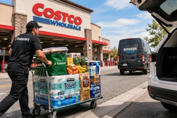 Costco Instacart shopper loads groceries for same-day delivery as an Amazon delivery van drives nearby.
