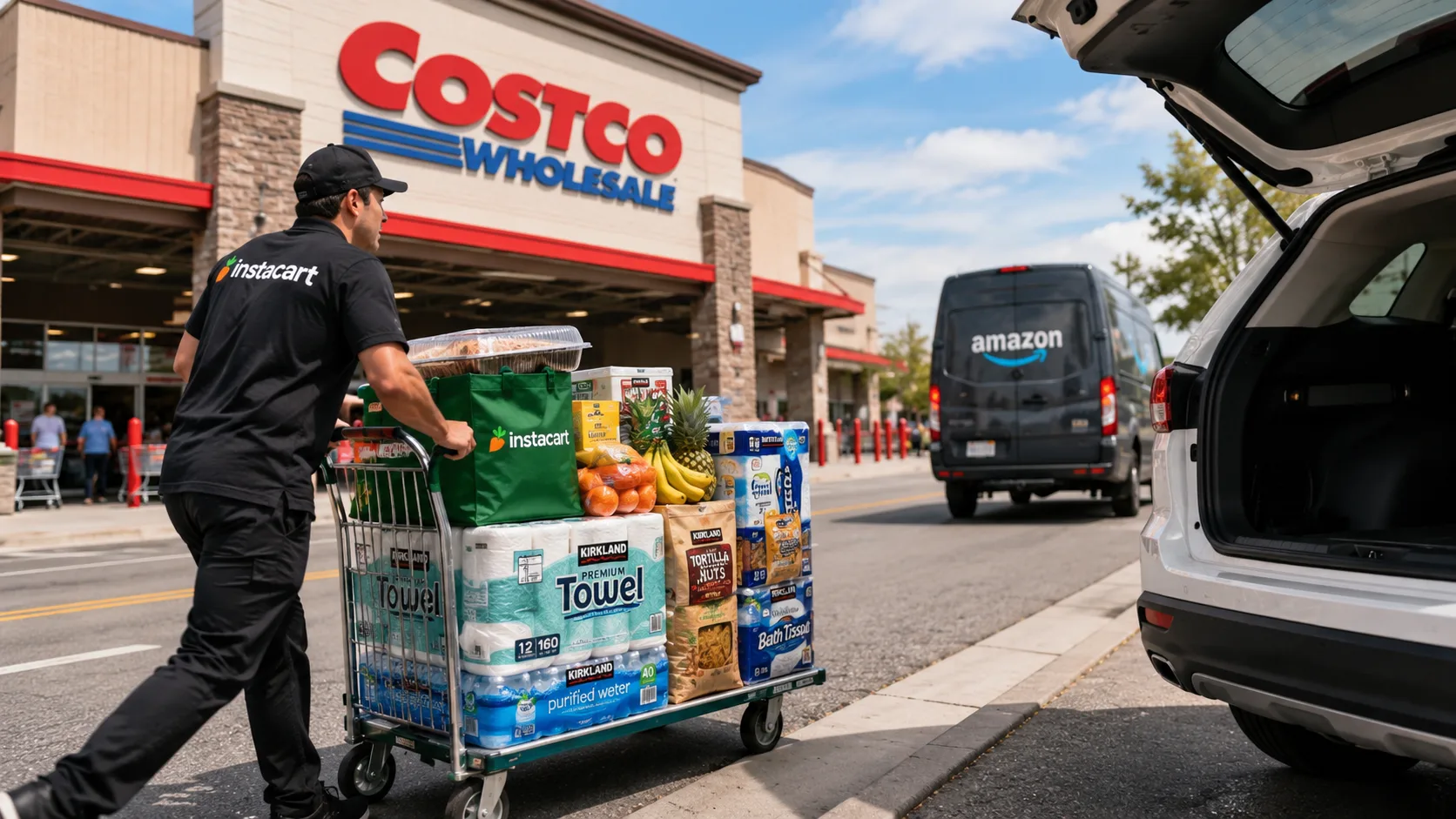 Costco Instacart shopper loads groceries for same-day delivery as an Amazon delivery van drives nearby.