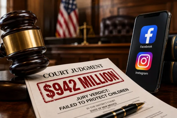 Judge's gavel, Facebook and Instagram logos, and court judgment documents illustrating Meta's $942 million penalty after a jury found it failed to protect children.