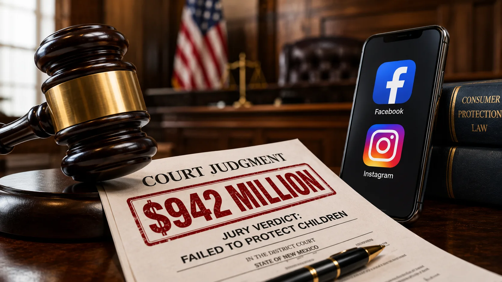 Judge's gavel, Facebook and Instagram logos, and court judgment documents illustrating Meta's $942 million penalty after a jury found it failed to protect children.