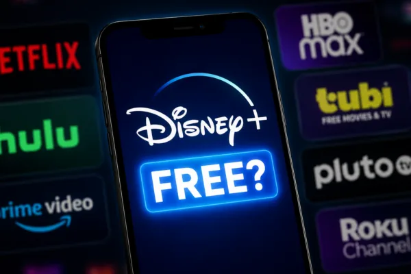 Disney+ app displayed on a smartphone with a free streaming banner as Disney explores launching a free ad-supported streaming service.