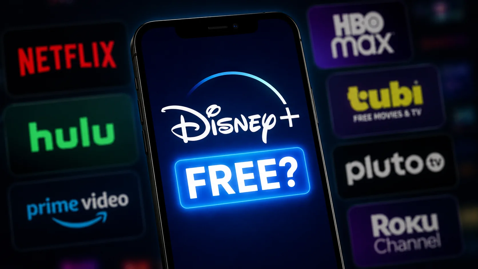 Disney+ app displayed on a smartphone with a free streaming banner as Disney explores launching a free ad-supported streaming service.