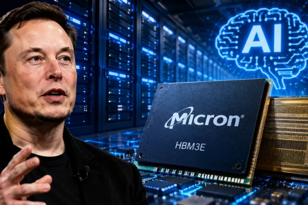Elon Musk alongside a Micron HBM3E memory chip and AI data center servers as demand for AI memory surges.