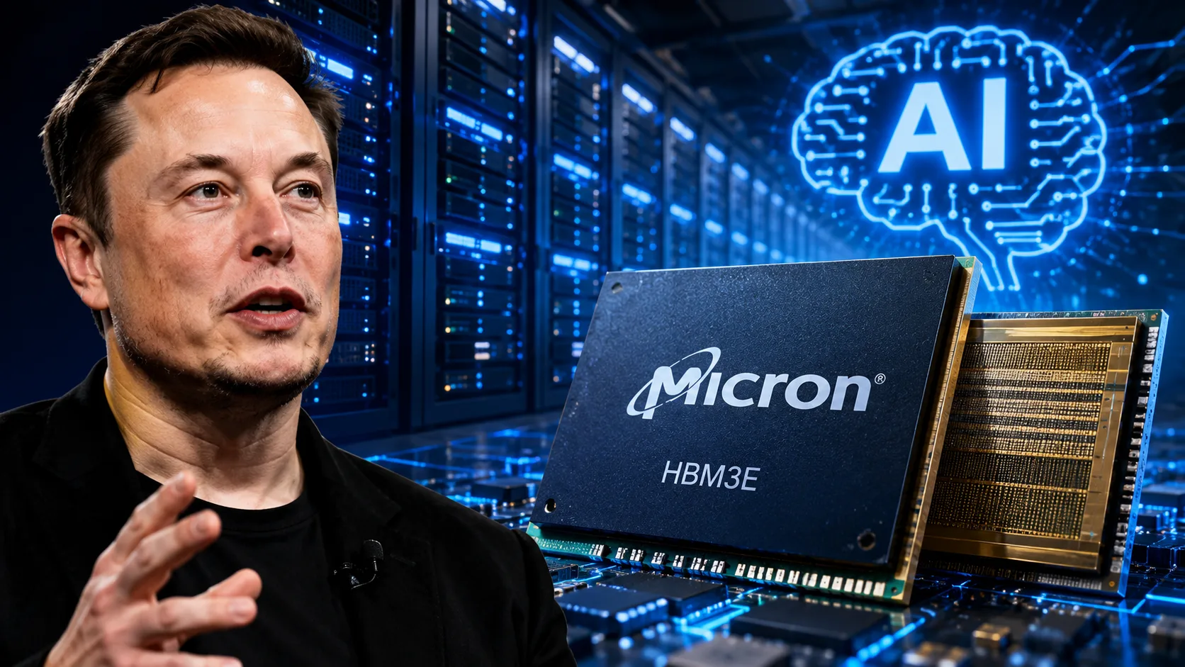 Elon Musk alongside a Micron HBM3E memory chip and AI data center servers as demand for AI memory surges.