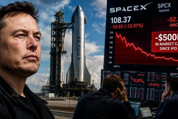 Elon Musk stands beside a SpaceX Starship as a plunging stock chart shows the company losing $500 billion in market value after its IPO.