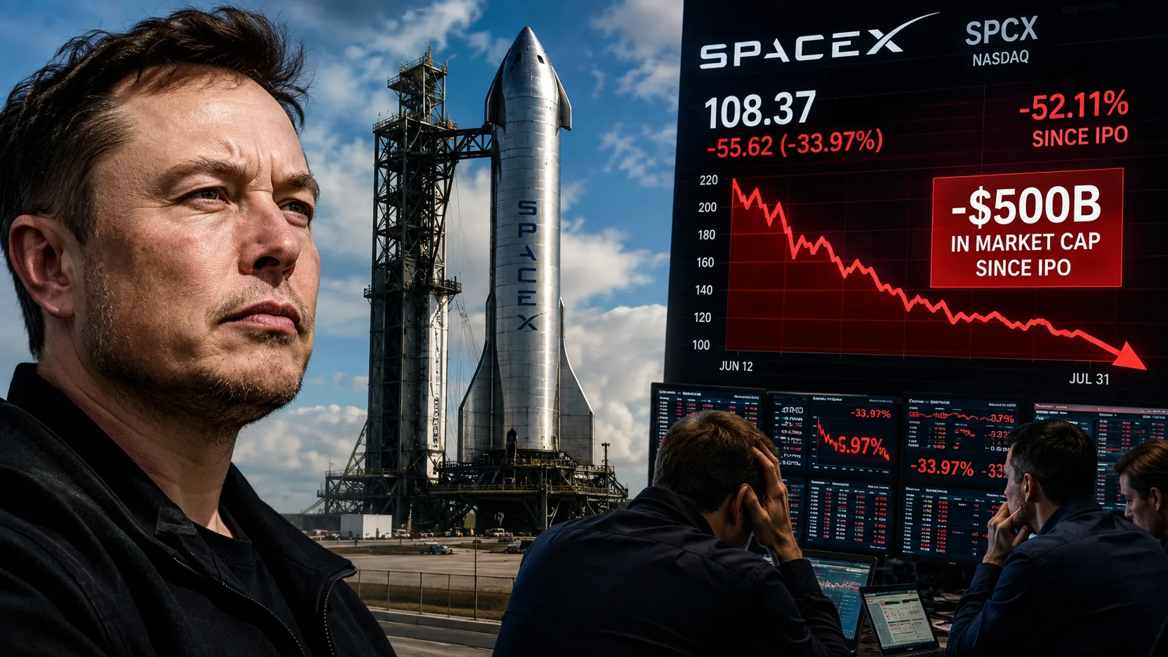 Elon Musk stands beside a SpaceX Starship as a plunging stock chart shows the company losing $500 billion in market value after its IPO.