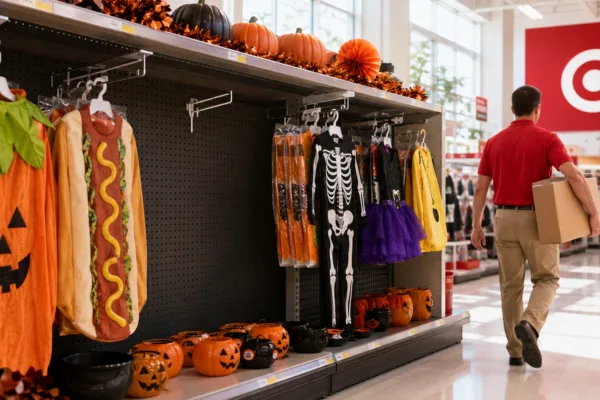 Target employee removes a Halloween costume from an empty store display after the retailer faced backlash over an offensive costume.