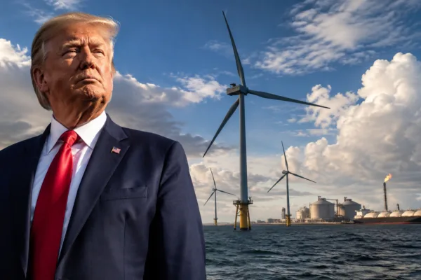 Donald Trump with offshore wind turbines and an LNG terminal as his administration pays $1.2 billion to halt U.S. wind projects