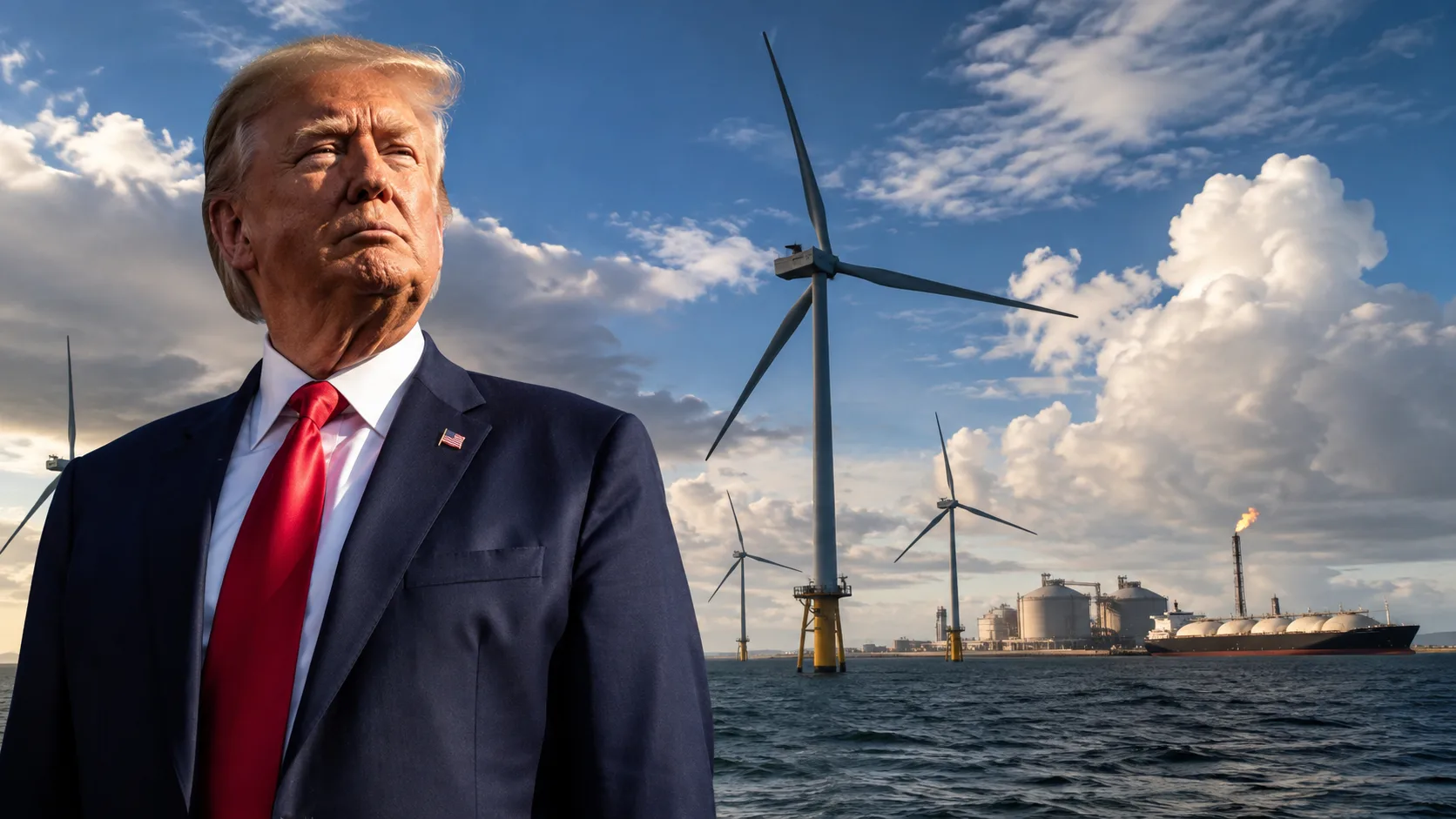 Donald Trump with offshore wind turbines and an LNG terminal as his administration pays $1.2 billion to halt U.S. wind projects