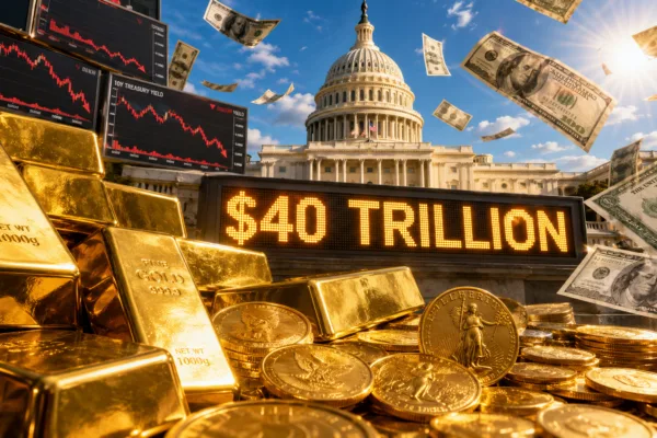 Gold bars and coins surge in front of the U.S. Capitol as national debt reaches $40 trillion and Treasury bond markets fall.