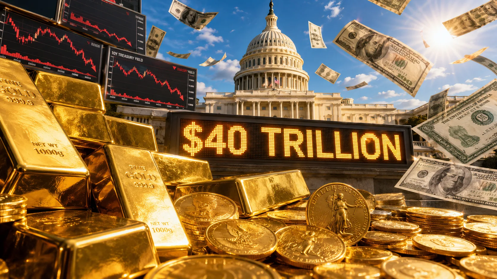 Gold bars and coins surge in front of the U.S. Capitol as national debt reaches $40 trillion and Treasury bond markets fall.