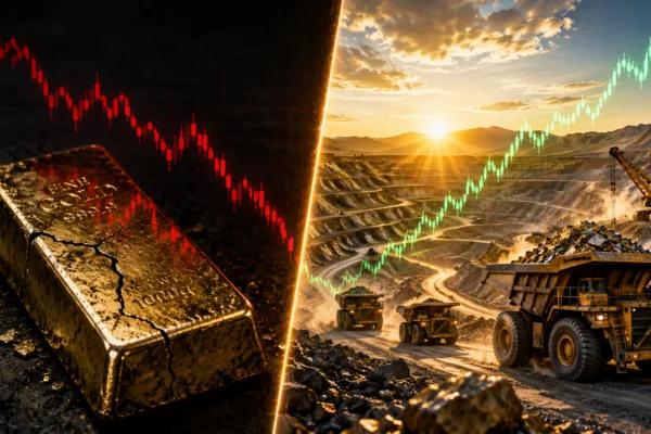 Split image showing a declining gold bar beside a booming open-pit gold mine, illustrating why Wall Street believes gold mining stocks could outperform gold prices.