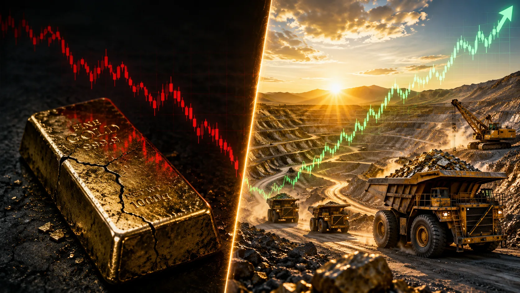 Split image showing a declining gold bar beside a booming open-pit gold mine, illustrating why Wall Street believes gold mining stocks could outperform gold prices.