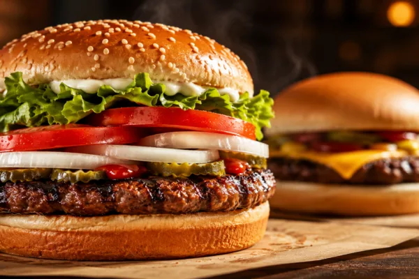 Burger King-style Whopper with lettuce, tomato, onions and pickles alongside a competing fast-food burger
