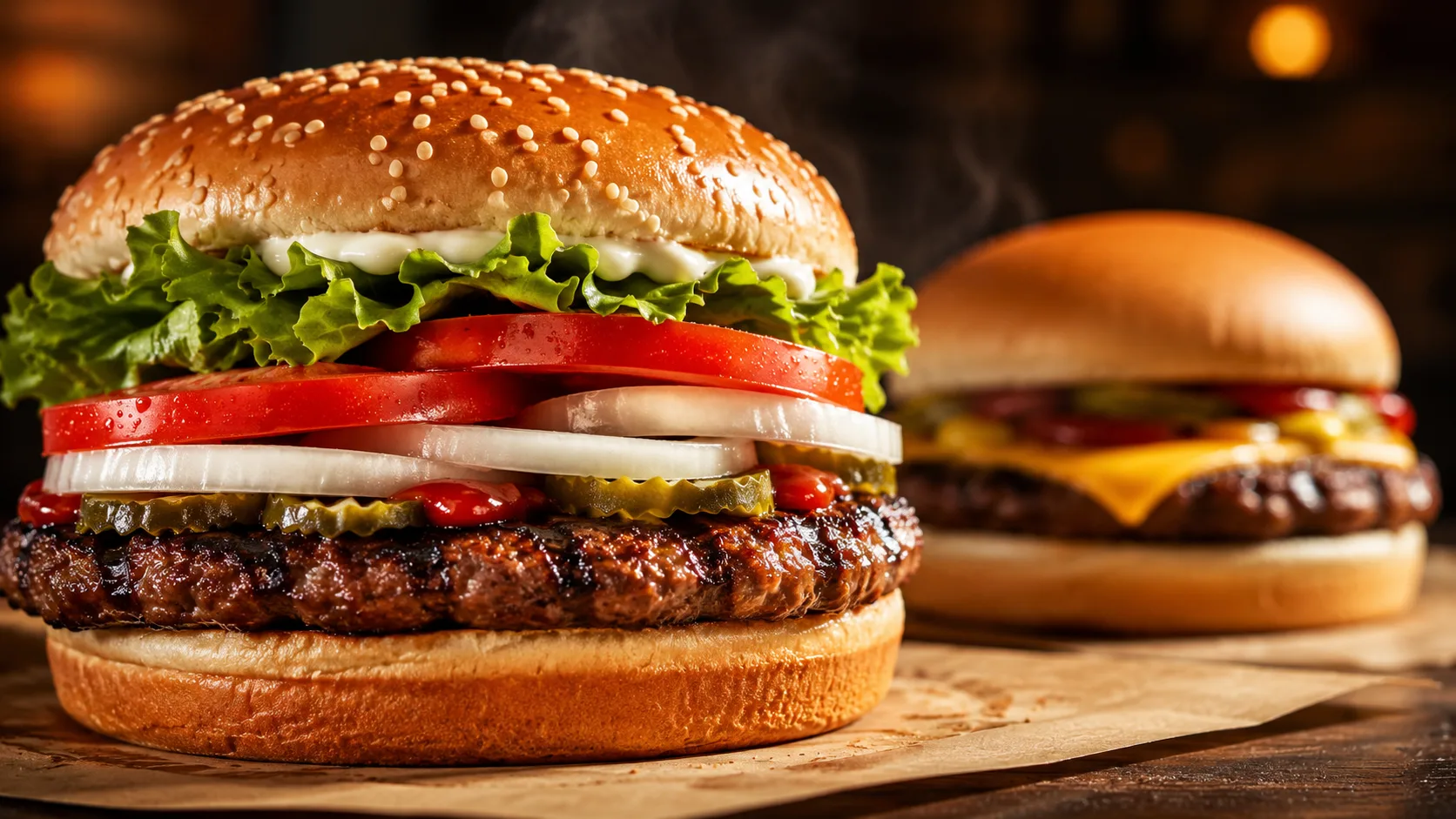 Burger King-style Whopper with lettuce, tomato, onions and pickles alongside a competing fast-food burger