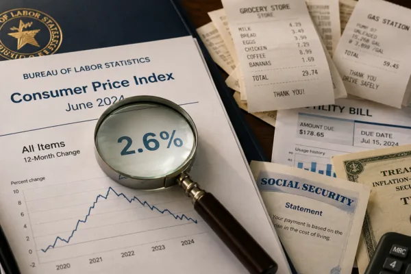 Consumer Price Index (CPI) report under a magnifying glass with grocery receipts, bills, and Social Security documents illustrating questions about government inflation data.