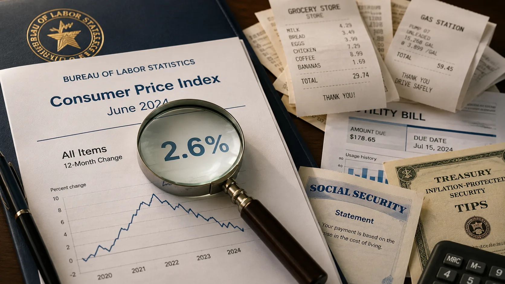 Consumer Price Index (CPI) report under a magnifying glass with grocery receipts, bills, and Social Security documents illustrating questions about government inflation data.