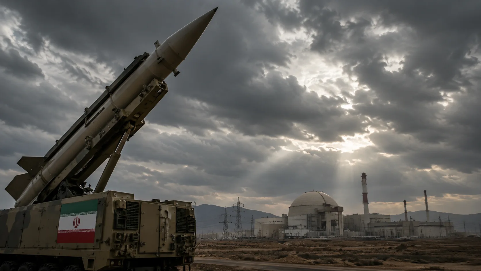 Iranian missile launcher near a nuclear facility as Iran declares it will continue pursuing nuclear weapons amid rising tensions with the United States and Israel.