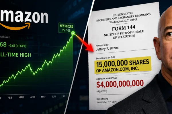 Jeff Bezos alongside an Amazon stock chart at a record high and an SEC filing showing plans to sell $4 billion of Amazon stock.