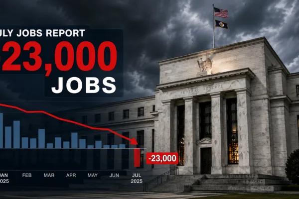 Federal Reserve building with a graphic showing the U.S. July jobs report, which reported a loss of 23,000 jobs, raising concerns about the economy and interest rates.