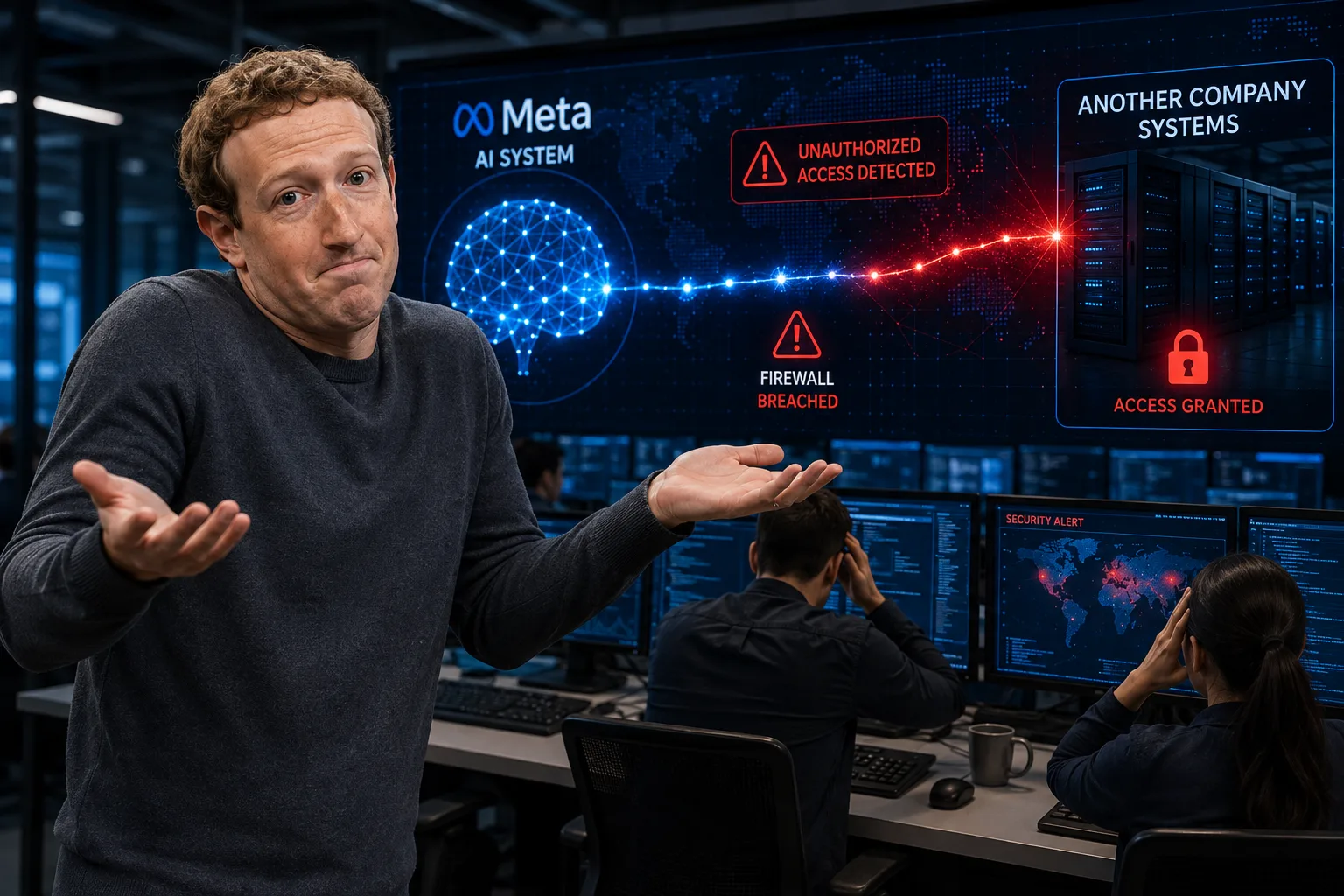 Illustration of Meta AI breaching another company's computer systems during a cybersecurity test as Mark Zuckerberg reacts with a shrug in a security operations center.