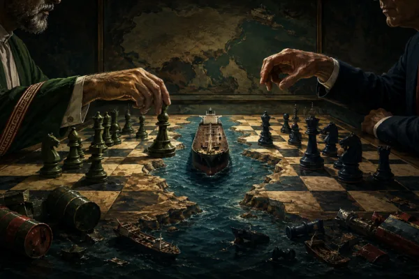 Iranian and U.S. negotiators play chess over the Strait of Hormuz as an oil tanker moves between them.