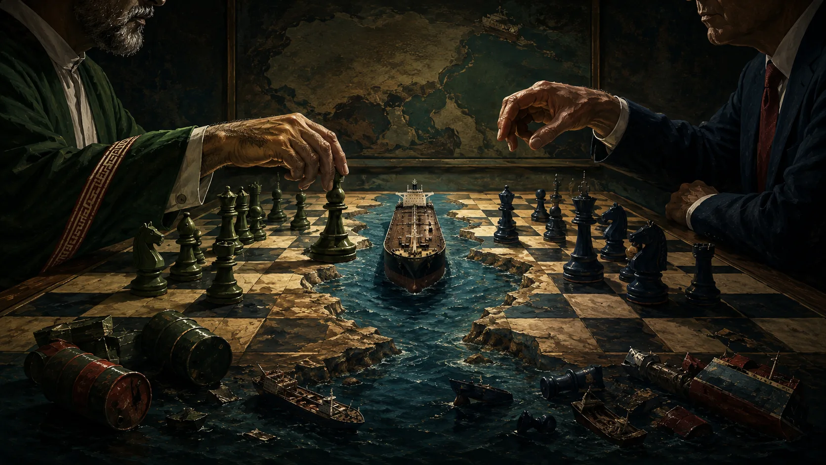 Iranian and U.S. negotiators play chess over the Strait of Hormuz as an oil tanker moves between them.