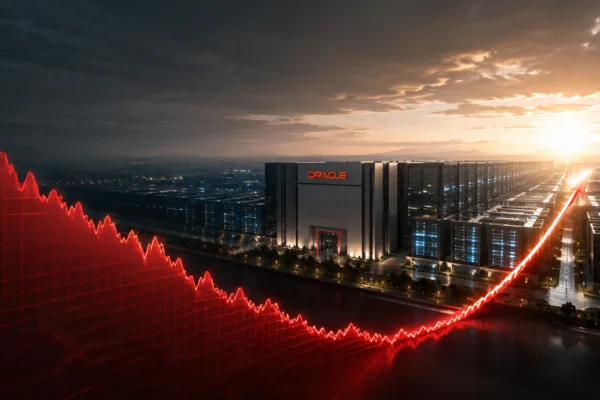 Oracle AI data center with a rising stock chart illustrating Citigroup’s forecast for a potential 130% gain in Oracle shares.