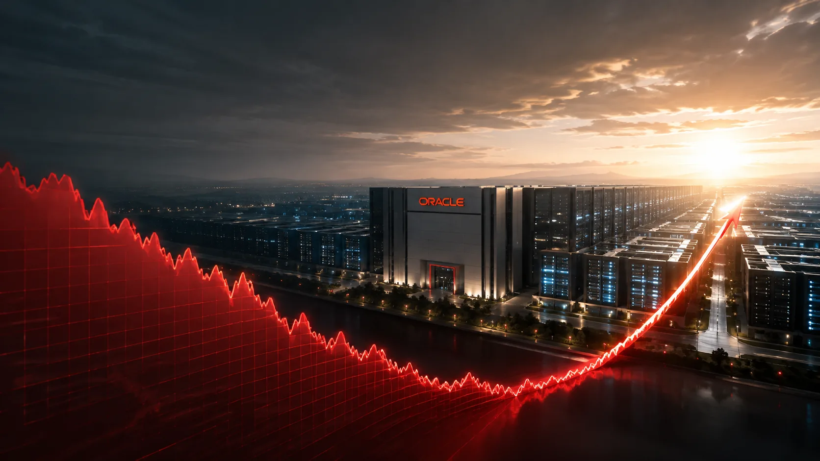 Oracle AI data center with a rising stock chart illustrating Citigroup’s forecast for a potential 130% gain in Oracle shares.