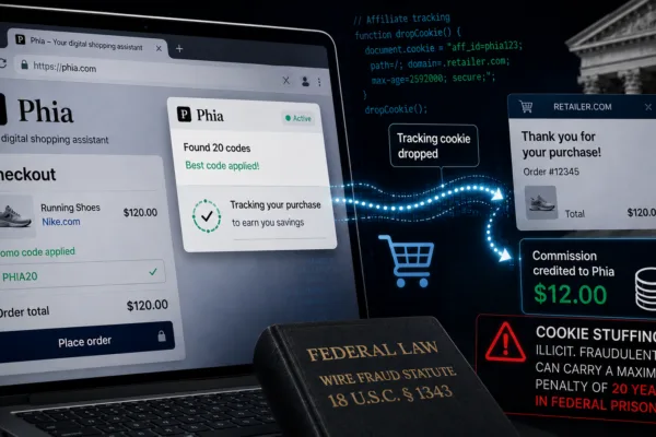 Phia cookie stuffing allegations illustrated with affiliate tracking, online shopping commissions and federal wire fraud warning.