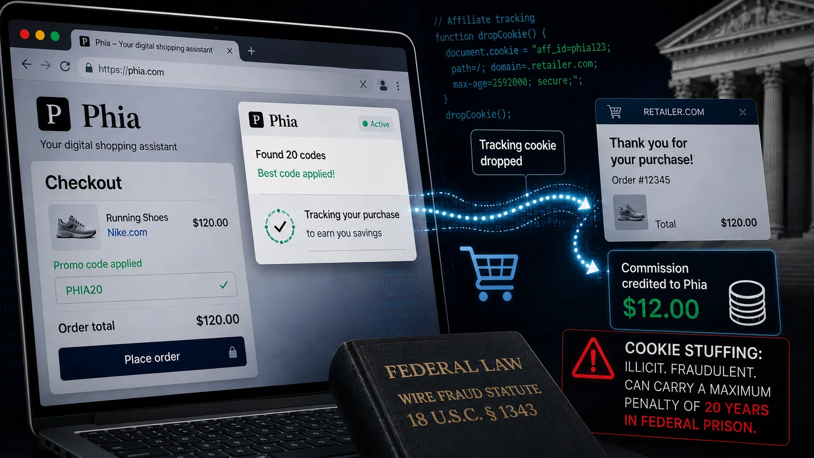 Phia cookie stuffing allegations illustrated with affiliate tracking, online shopping commissions and federal wire fraud warning.