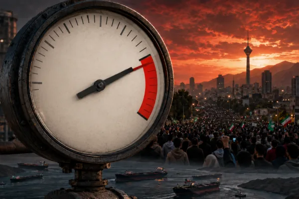 Pressure gauge reaches the red zone as protesters gather in Tehran and oil tankers cross the Strait of Hormuz.