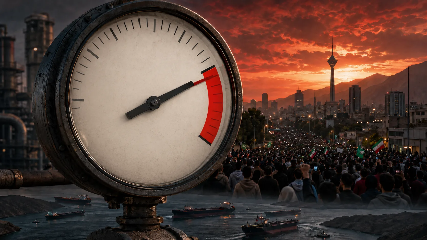 Pressure gauge reaches the red zone as protesters gather in Tehran and oil tankers cross the Strait of Hormuz.