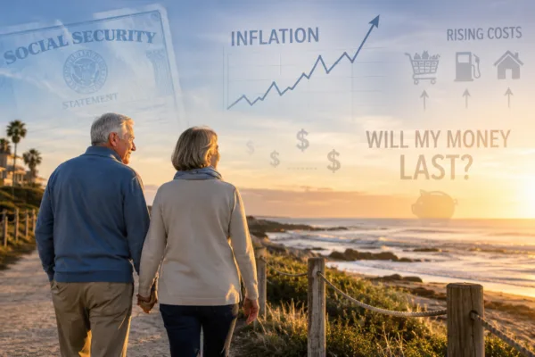 Retired couple walking along the coast as Social Security, inflation and rising costs fuel retirement anxiety.