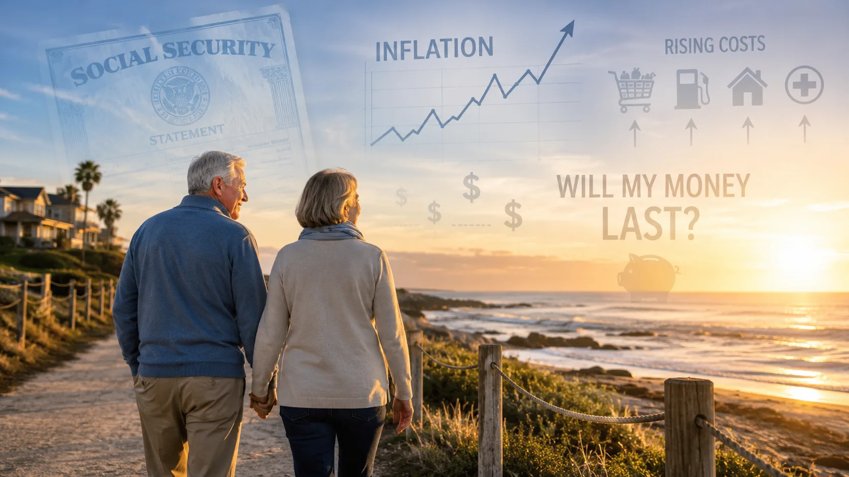 Retired couple walking along the coast as Social Security, inflation and rising costs fuel retirement anxiety.