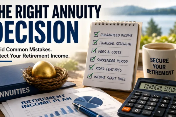 Retirement planning desk with annuity comparison checklist, financial documents, calculator, and retirement income planning materials illustrating how to choose the right annuity.