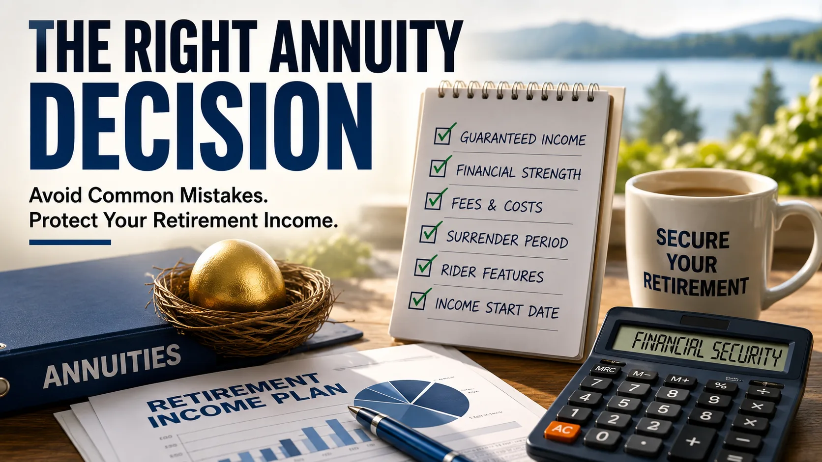 Retirement planning desk with annuity comparison checklist, financial documents, calculator, and retirement income planning materials illustrating how to choose the right annuity.