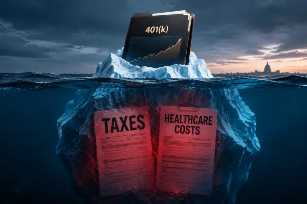 Large 401(k) portfolio atop an iceberg with hidden retirement taxes and healthcare costs below the surface