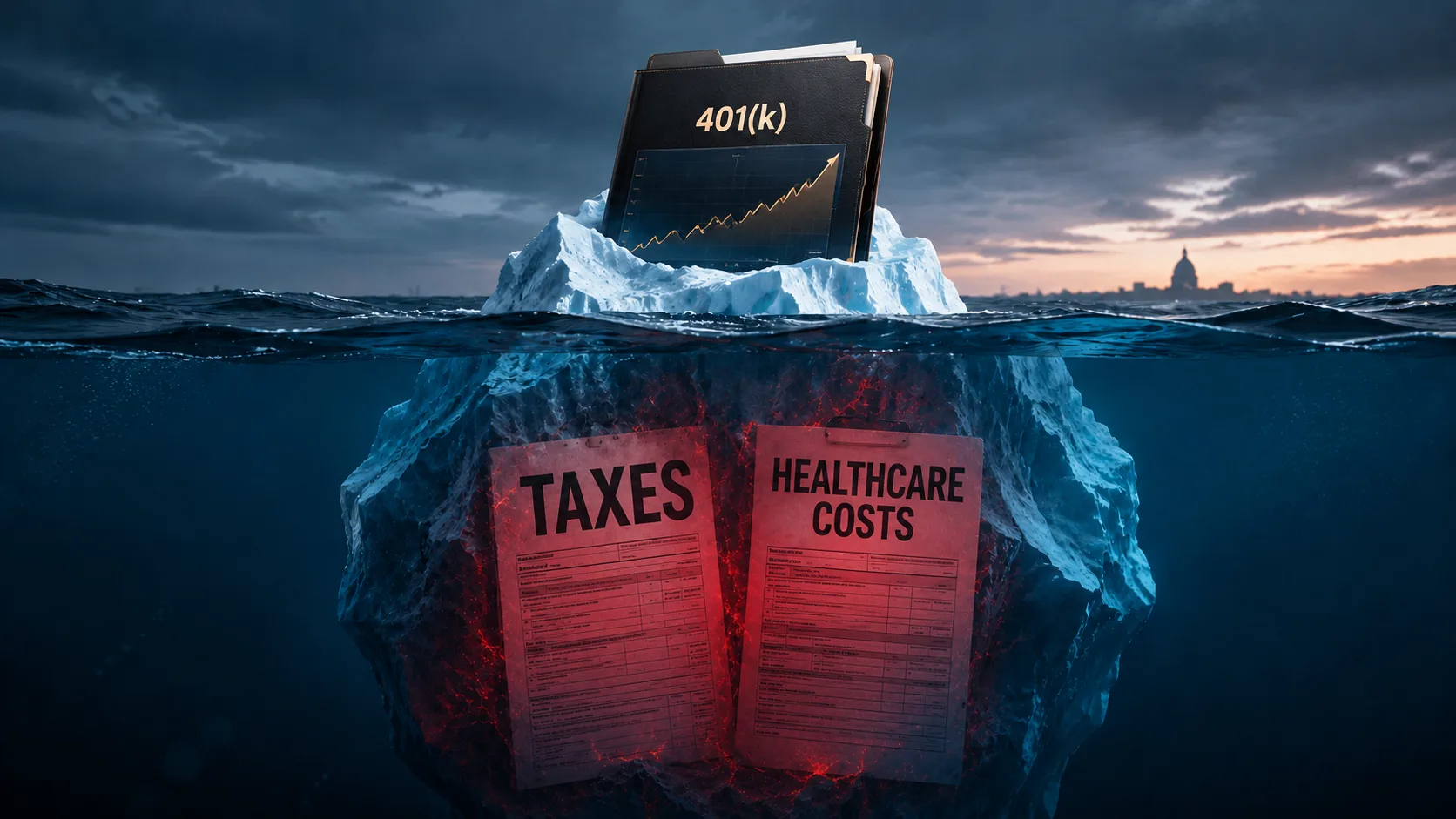 Large 401(k) portfolio atop an iceberg with hidden retirement taxes and healthcare costs below the surface
